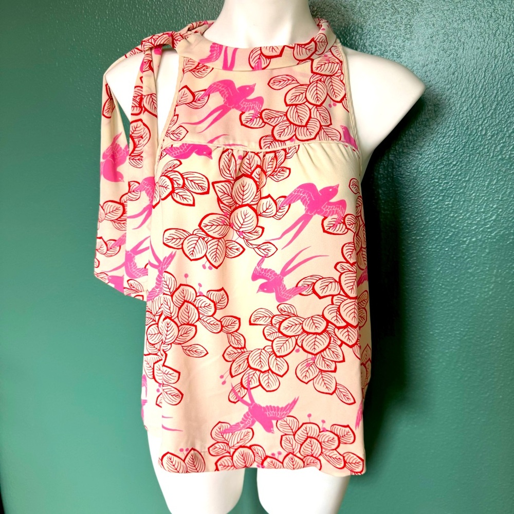 Anthropologie Maeve Elata Blouse Tank Top Bird Leaf Print Pink Red Halter Bow